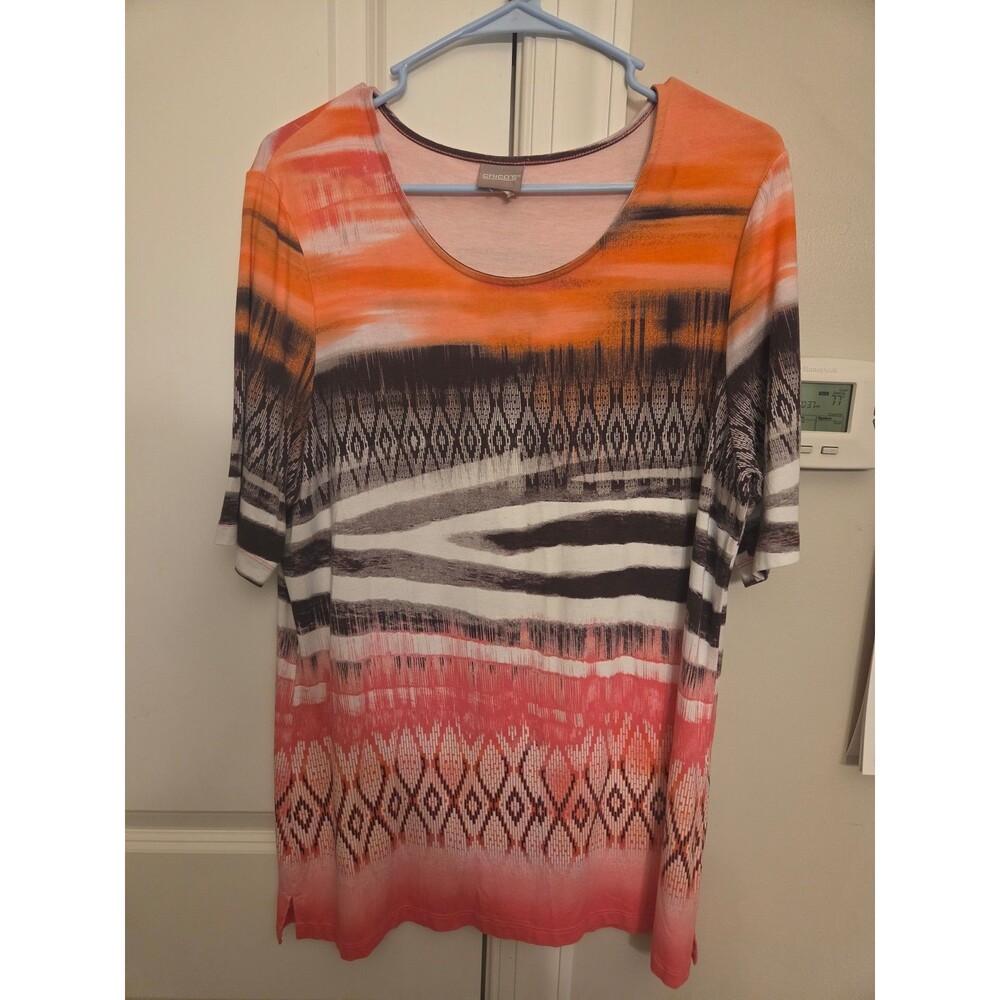 Chico's Women's Orange Pink Black Abstract Print Knit Top Size 1.5-2 US 10-12